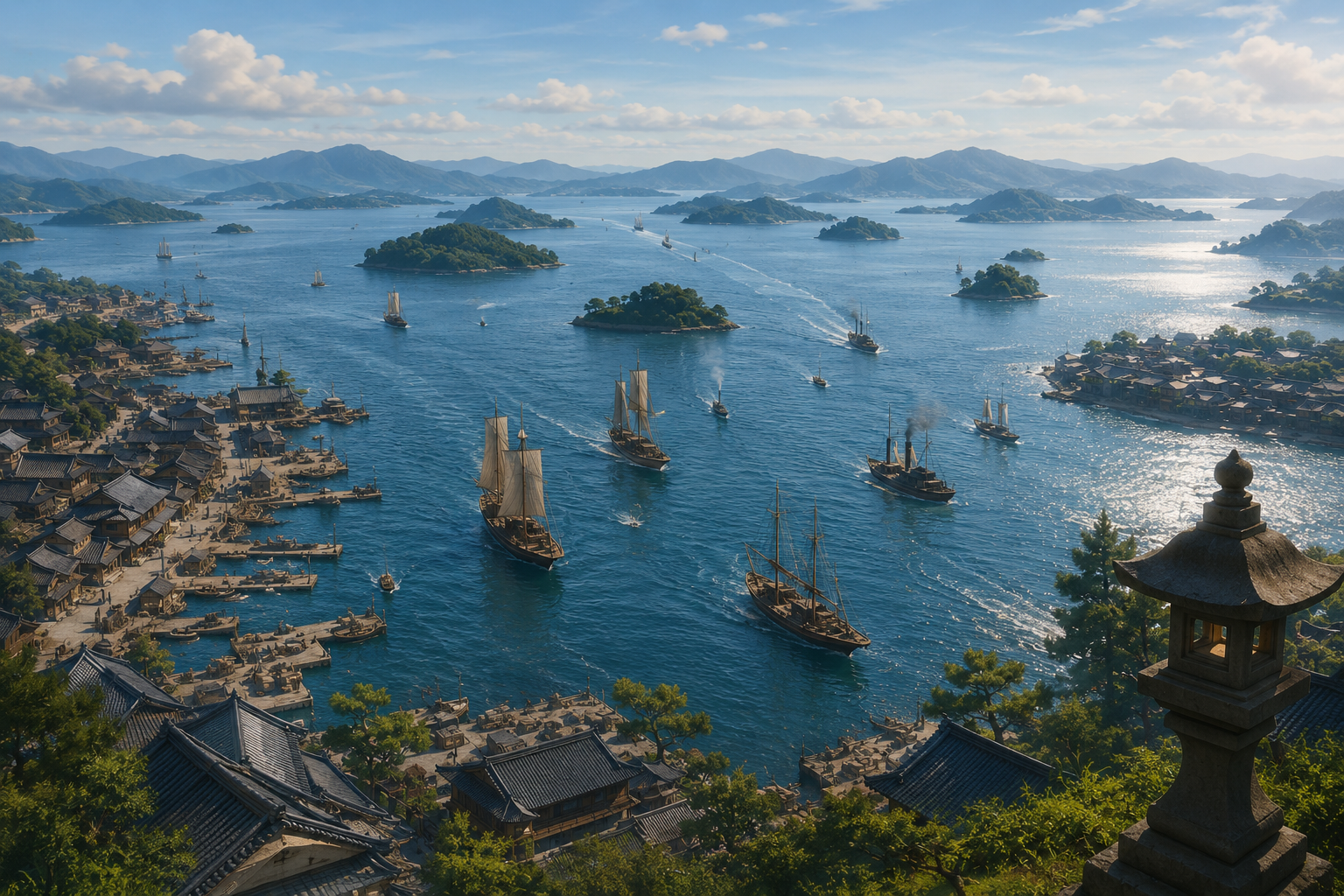 瀬戸内海を航行する船と島々の風景
