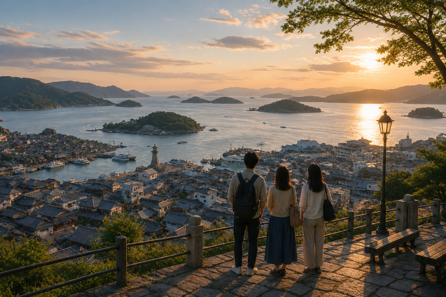瀬戸内海の港町と海を眺める人々の画像