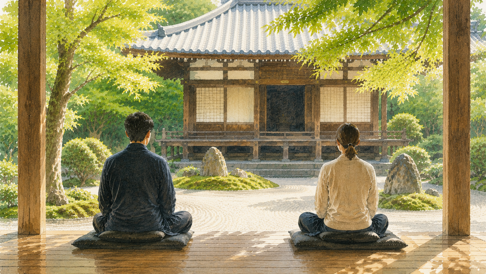 鎌倉の寺院で座禅をする現代の人々